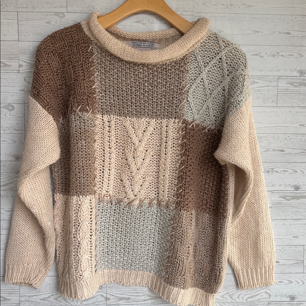 Vintage Hand Knit Sweater‎ Chunky patchwork brown Rolled neck Huntington Ridge